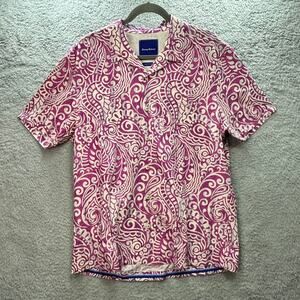 Tommy Bahama Men's Large Silk Cotton Blend Pink White Tropical Shirt Coastal EUC